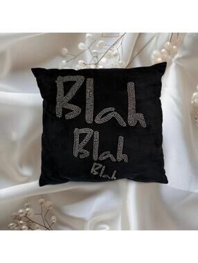RHINESTONE “BLAH BLAH” VELVET THROW PILLOW Y2K BLACK